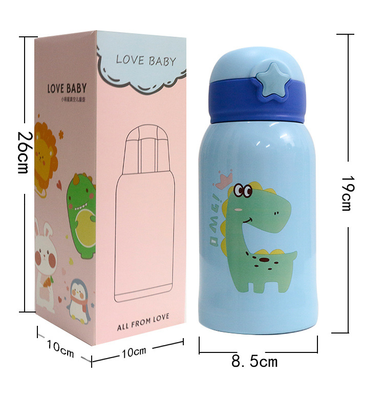 Cốc Bình Giữ Nhiệt Nóng Lạnh Cho Bé /Trẻ Em Đi Học 500ml+Kèm Túi Đựng 2 lớp Có Cốc Hình Khủng Long