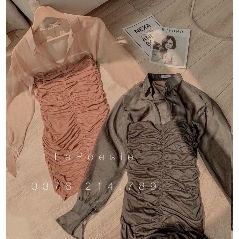 Váy đầm nữ body nhún thân cúp ngực phối áo khoác voan mỏng, có thể mang thành hai kiểu siêu xinh HT61