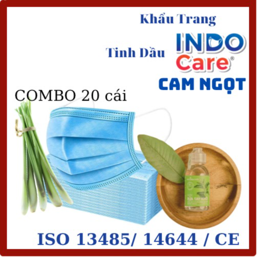 [ComBo Du Lịch 20] cái Khẩu Trang Tinh Dầu Chanh Sả Chống Say Tàu Xe - Khử Mùi Hơi Thở INDO CARE / Kháng Khuẩn 99% 4 lớp + Chai Nước Rửa Tay Khô chiết xuất Lá Ổi 100ml