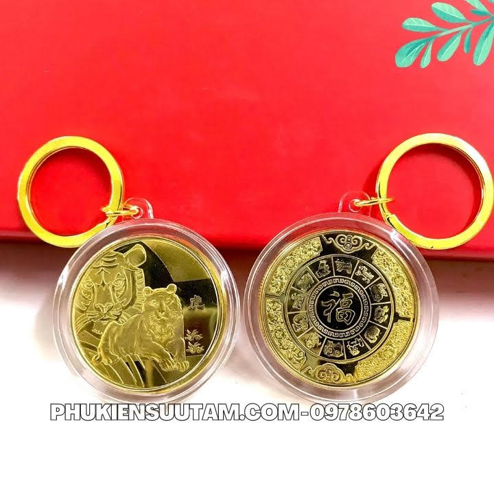 Móc Khóa Xu 12 Con Giáp Tuổi Dần, đường kính: 5cm, màu: vàng - SP005831