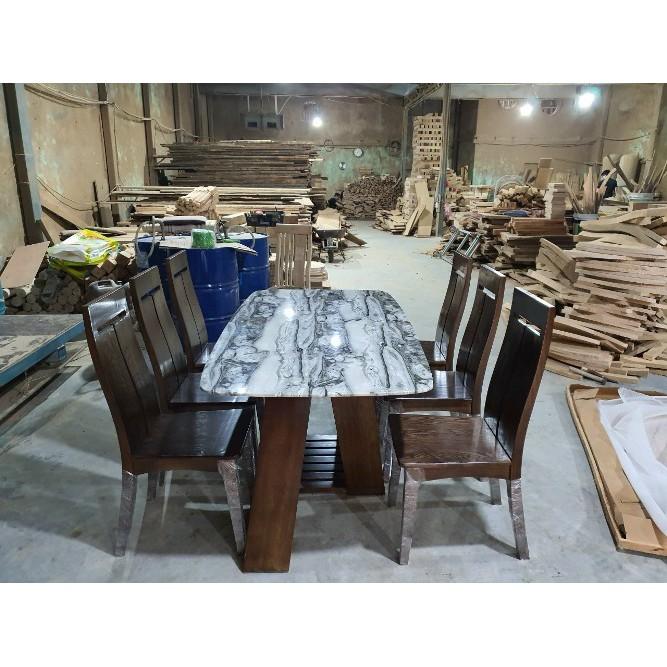 Bàn ăn 6 ghế gỗ Sồi Nga mặt đá, chân chéo