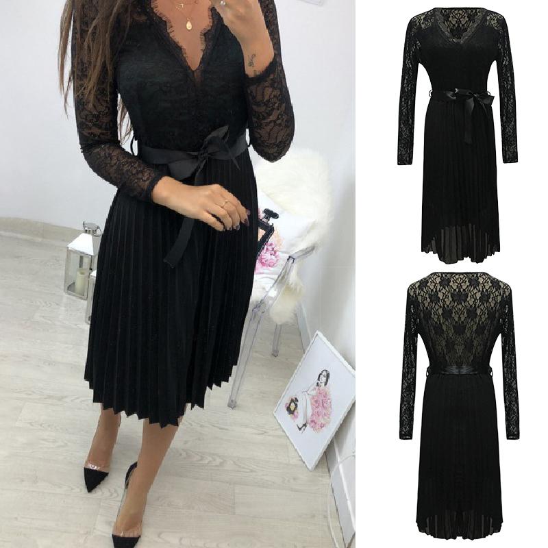 Women Autumn Sexy Dress Lace Deep V-neck Long Sleeve Self-tie Bandage Ruffle Hem Party Slim Bodycon Dress Black