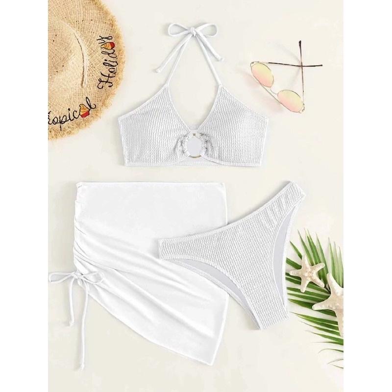 Bikini 3 mảnh đi biển trắng chất thun gân sexy