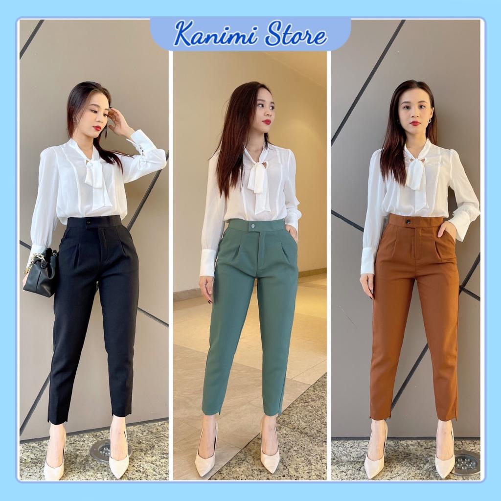 Quần baggy công sở nữ cạp cao cúc lệch siêu tôn dáng Kanimi