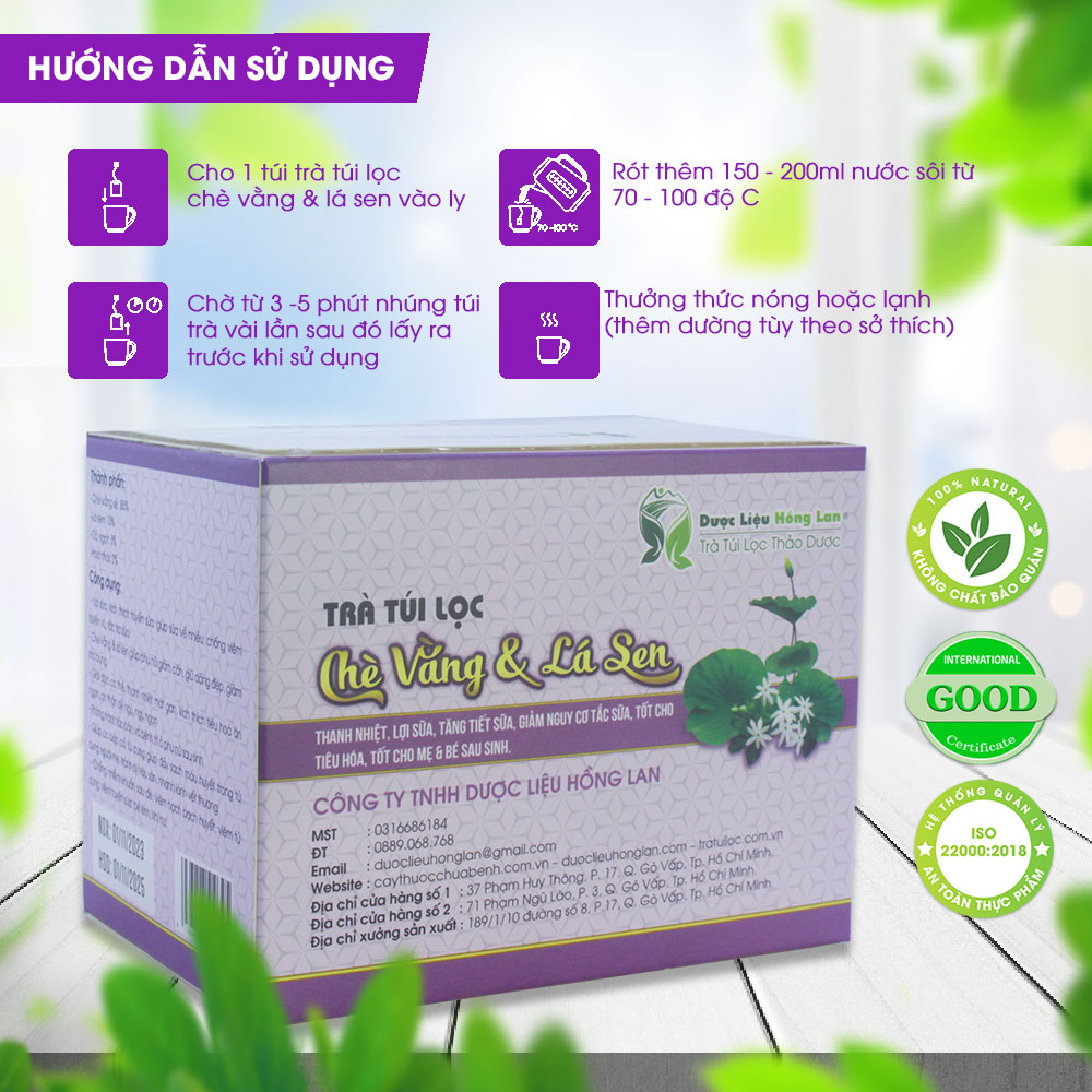 Trà Vằng & Lá Sen túi lọc hộp 60g Cty Dược Liệu Hồng Lan - Thanh nhiệt, lợi sữa, tăng tiết sữa, giảm nguy cơ tắc sữa, Tốt cho tiêu hóa, tốt cho mẹ & bé sau sinh,...