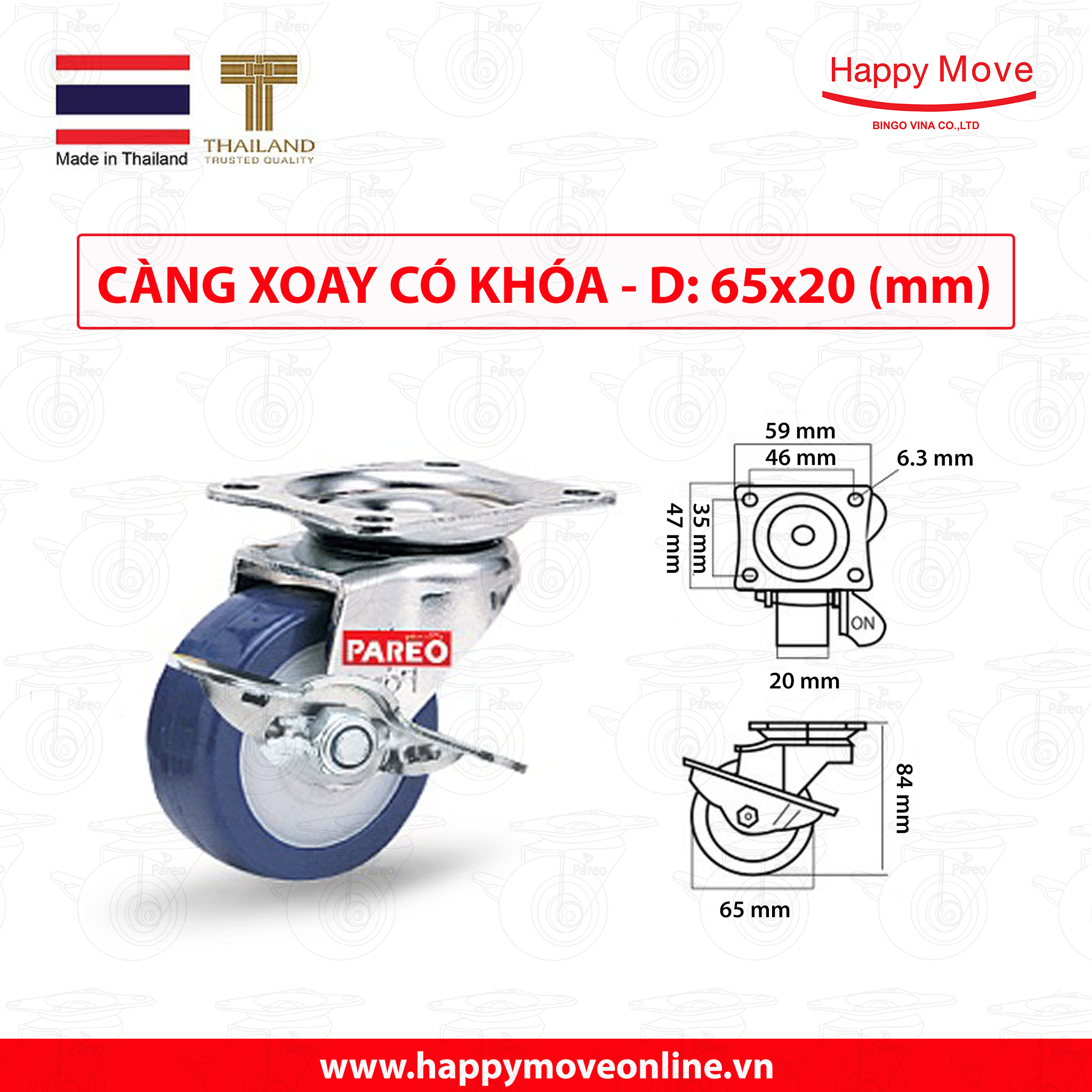 Bánh xe đẩy PU tải nhẹ càng xoay khóa - 50-65-75mm - Happy Move Thái Lan