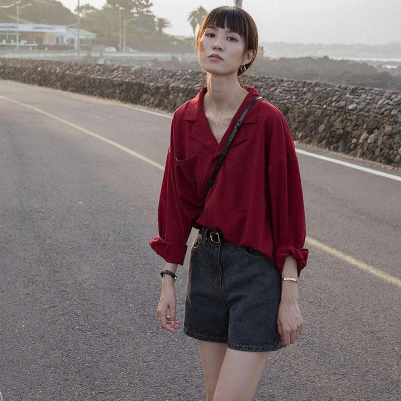 Áo sơ mi chiffon tay dài cổ bẻ hình chữ V màu trơn dành cho nữ