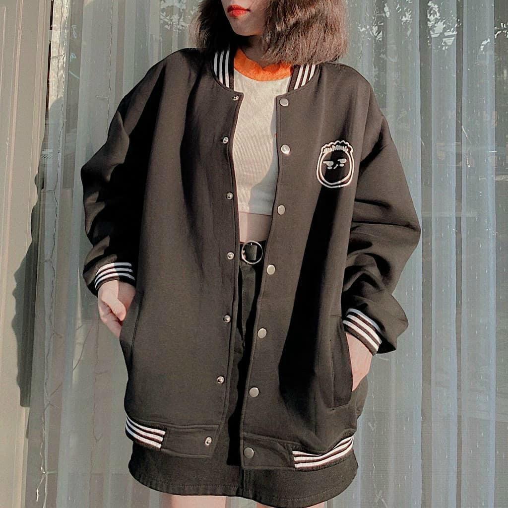 Áo Khoác BOMBER Nỉ Bông In FACE Nút Bấm Form Rộng tay dài Unisex Nam Nữ ulzzang KUN