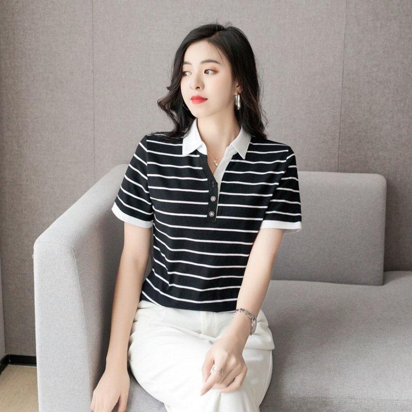 Áo Thun Nữ Áo Thun Polo Nữ Phối Họa Tiết Sọc Sành Điệu PT9009 Thời Trang EMEY Cao Cấp