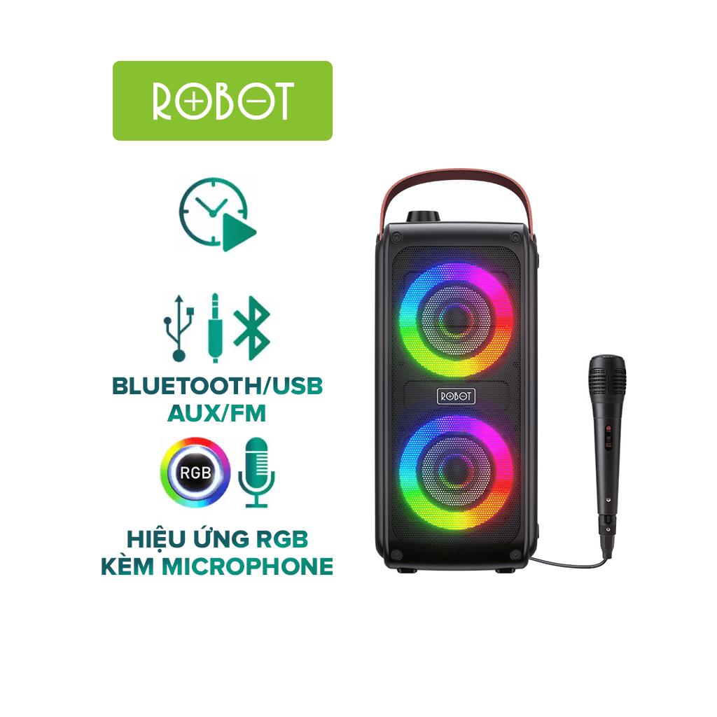 Loa Bluetooth Ngoài Trời Hiệu Ứng Đèn LED ROBOT RB490 - Kèm Micro Karaoke - Công Suất 20W Pin 3.000 mAh - Hàng Chính Hãng