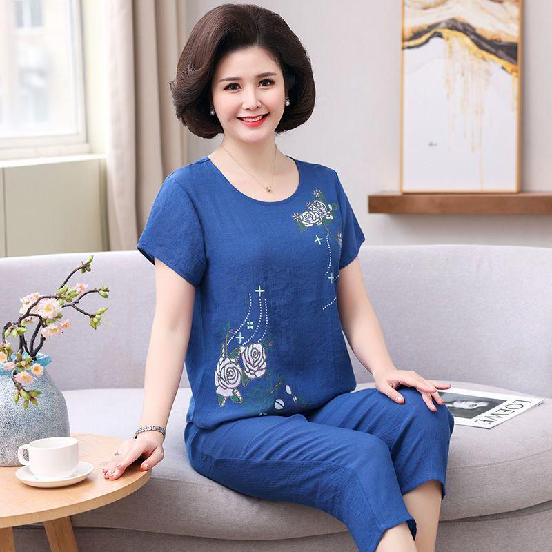 Đồ bộ trung niên cho mẹ, bộ đũi hoa hồng kiểu dáng sang trọng