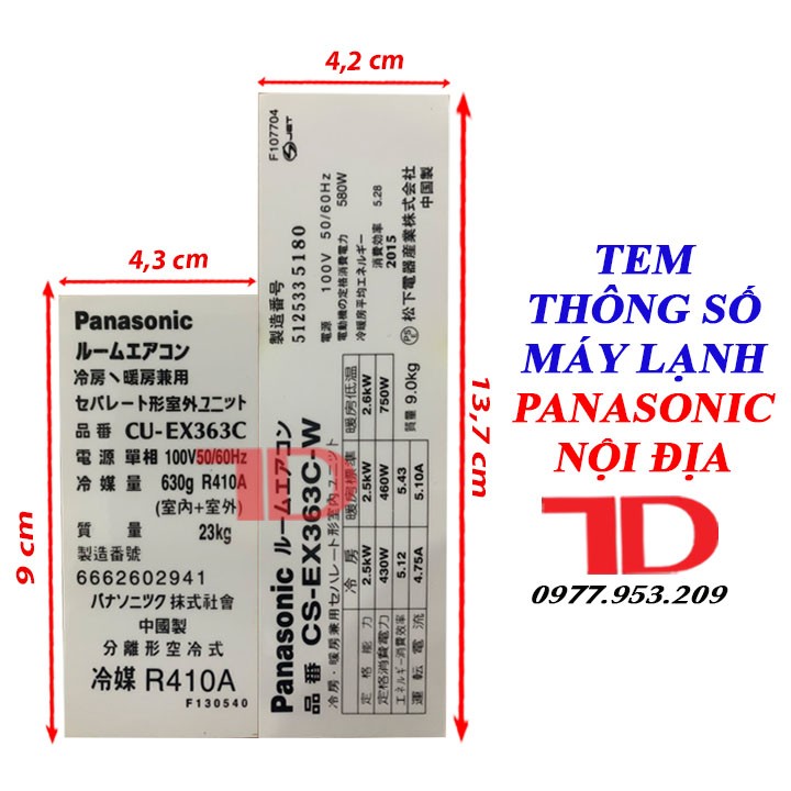 Tem thông số dành cho máy lạnh PANASONIC nội địa