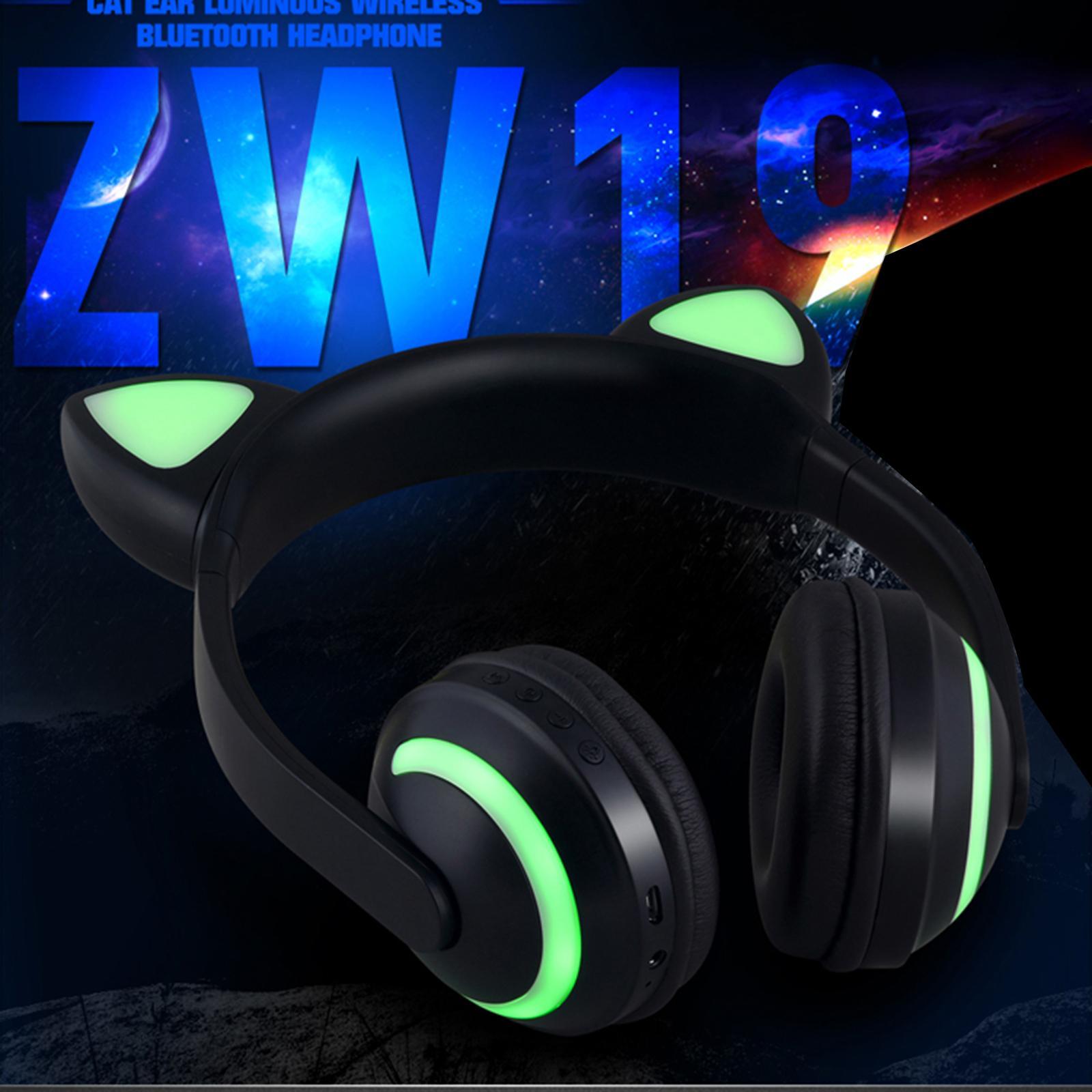Kids Glowing Cute Cat Ear Wireless Headphones On-Ear Gamer Headsets Black