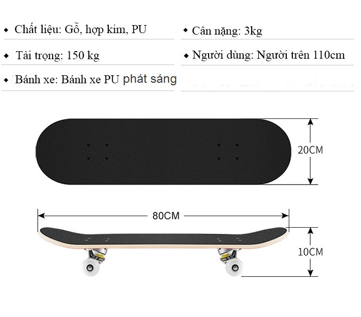 Ván Trượt Skateboard Có Đèn Led, Bánh Xe PU Chống Bào Mòn, Va Đập - Mặt Ván Trượt Nhám + Trục Hợp Kim Nhôm