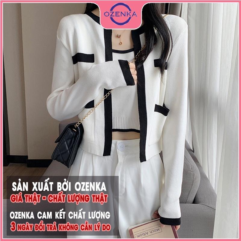 Hình ảnh Áo khoác cardigan len croptop tay dài nữ có túi OZENKA chất len gân cotton 100% cao cấp đẹp màu đen trắng