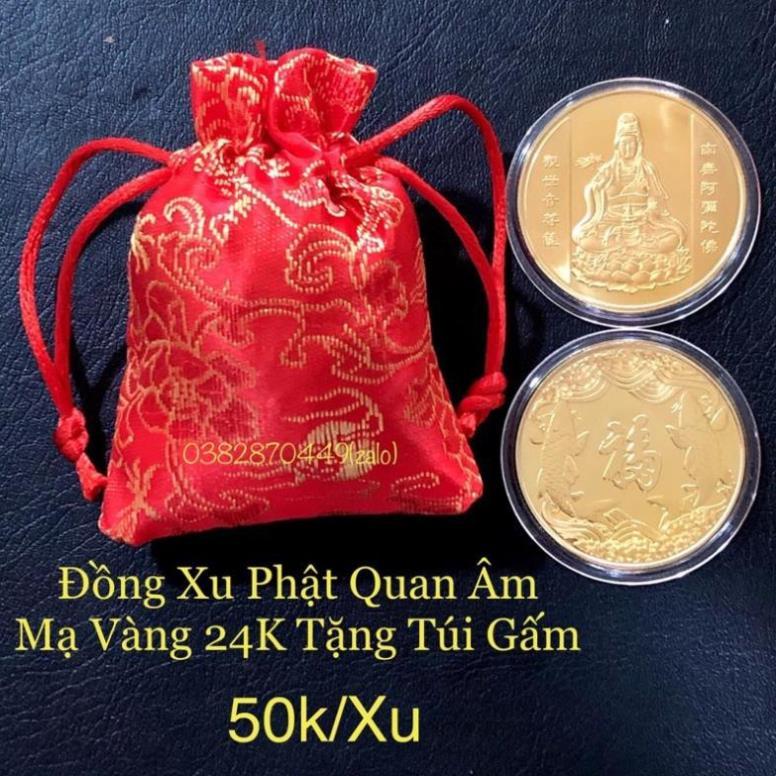 Đồng Xu Phật Quan Âm Bình An May Mắn Tặng Móc Khóa, Túi Gấm Phong Thuỷ