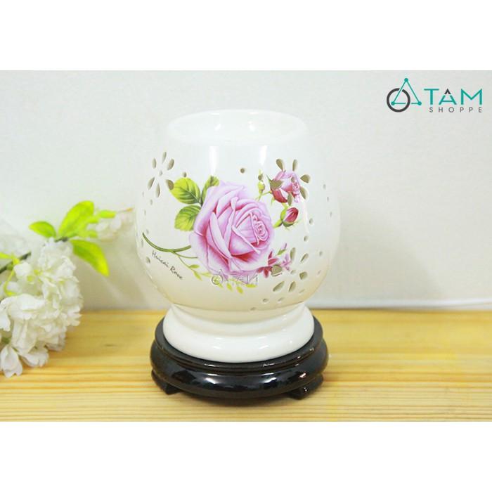 Đèn xông tinh dầu điện Mai cao in hoa hồng số 10