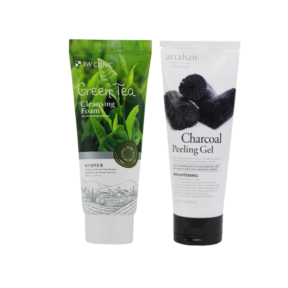 Combo Sữa rửa mặt chiết xuất từ trà xanh 3W CLINIC GREEN TEA CLEANSING FOAM và Tẩy Tế Bào Da Chết Chiết Xuất Từ Than Hoạt Tính ARRAHAN CHARCOAL PEELING GEL