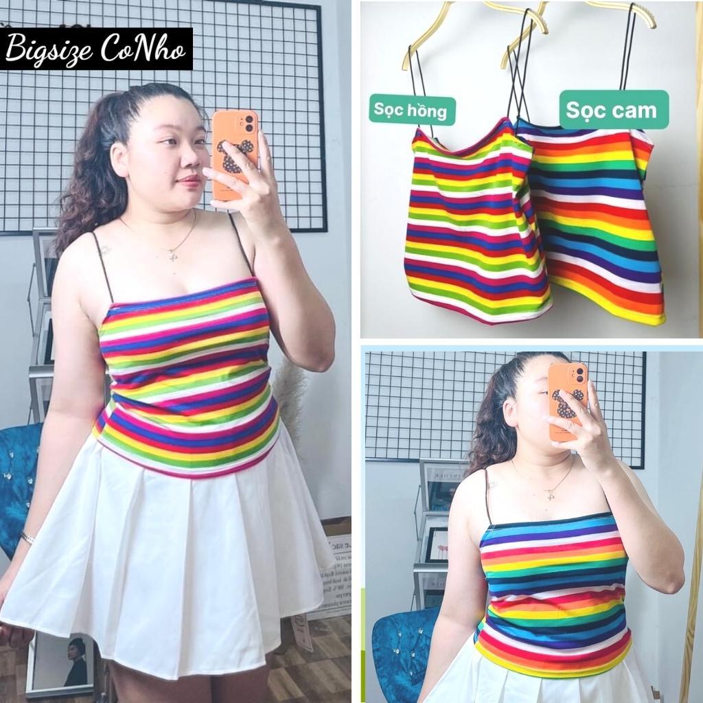 Áo hai dây bigsize thun nữ cao cấp croptop dáng ôm sọc cầu vồng DS - SỌC HỒNG