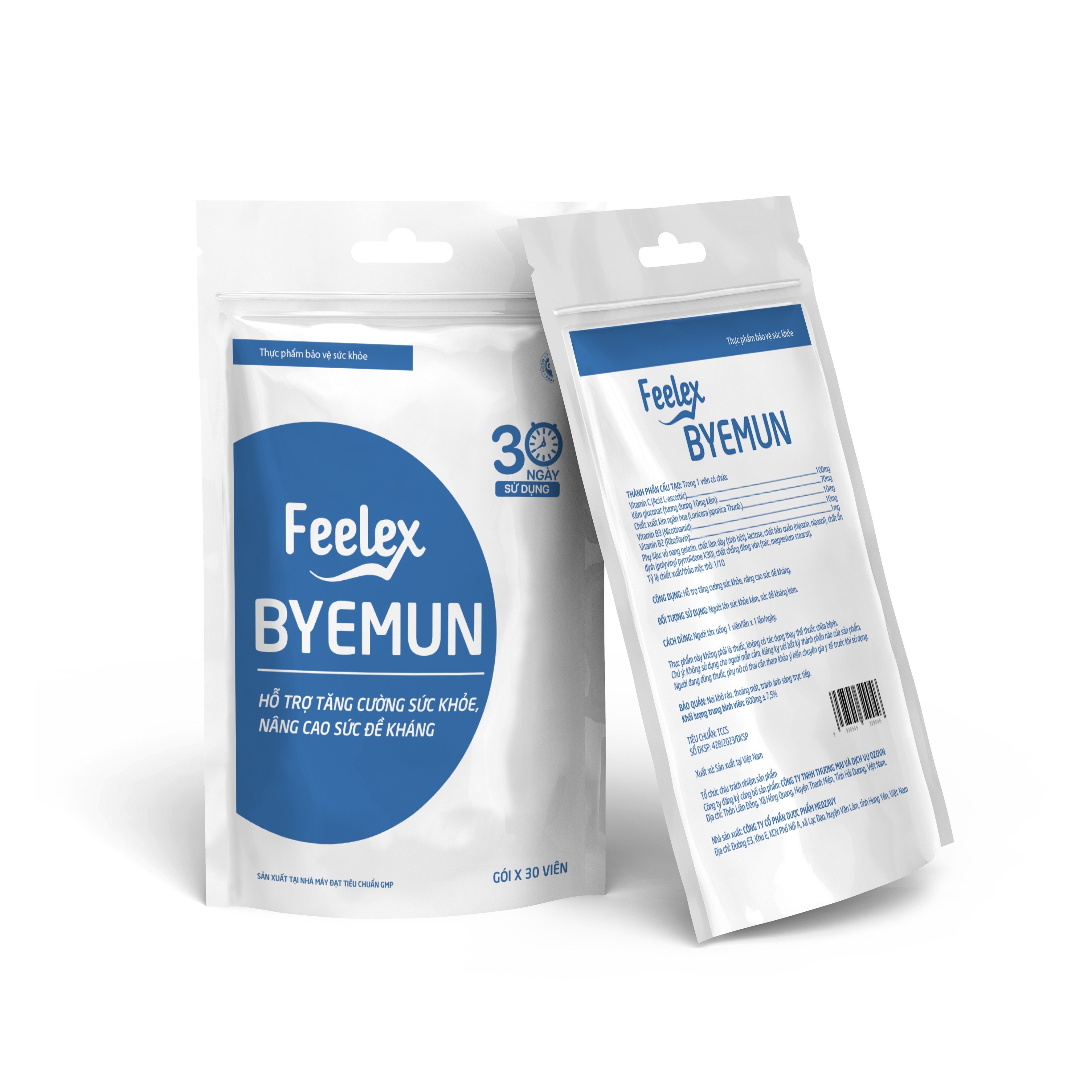 Viên uống Feelex Byemun Giảm Mụn viêm, Ẩn, Thâm, Đầu Đen Cho Da Dầu Mụn Bổ sung Kẽm ZinC,vitamin C gói 30 viên