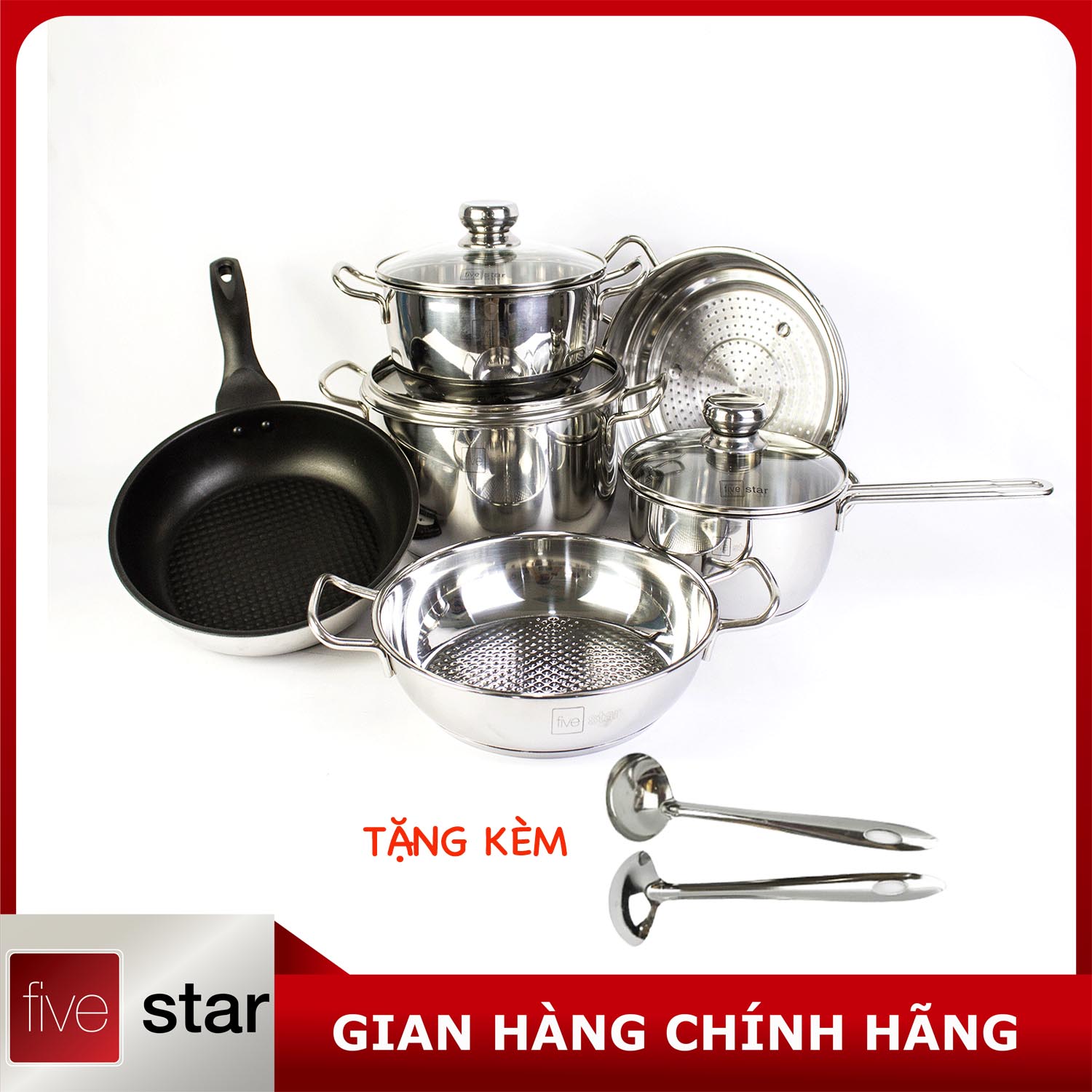 Bộ Nồi Chảo 3 Đáy Inox 430 Cao Cấp Fivestar Standard 6 món nắp kính , tặng 2 vá canh