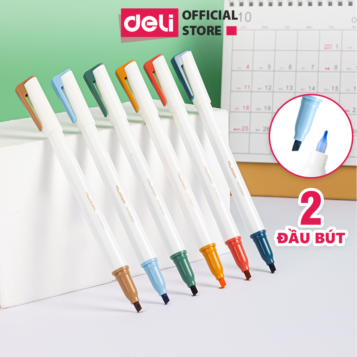 Set 6 bút highlight 2 đầu nhớ dòng đánh dấu màu pastel tươi sáng cute Nusign Deli dạ quang tiện lợi cho học sinh văn phòng