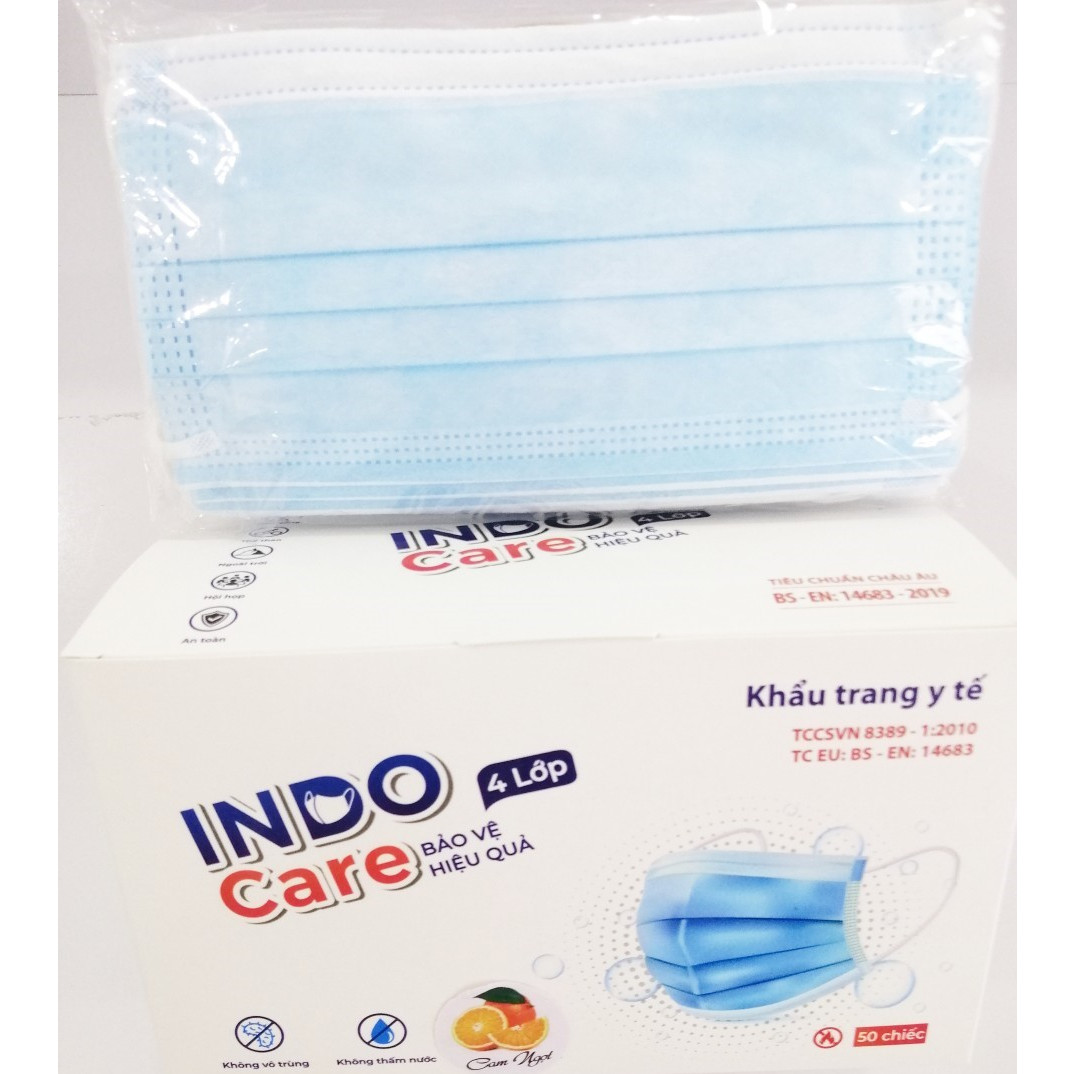 KHẨU TRANG Y TẾ INDO CARE - HƯƠNG CAM, KHỬ MÙI HƠI THỞ/CHỐNG SAY TÀU XE / KHÁNG KHUẨN 99% - HỘP 50 CÁI