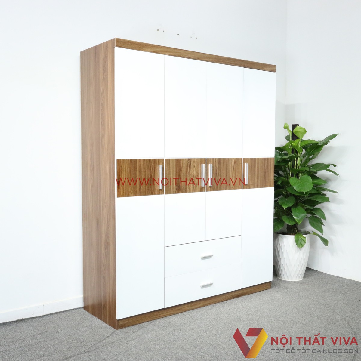 Tủ Áo 4 Cánh Gỗ MDF Melamine Màu Óc Chó Sơn Trắng Cao Cấp