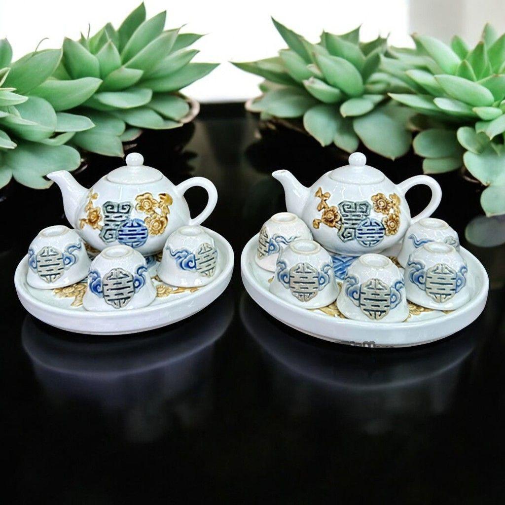 Bộ Ấm Chén Thờ RỒNG VIỆT Men Trắng Cao Cấp - Gốm Bát Tràng Họa Tiết Đào Thọ Đắp Nổi