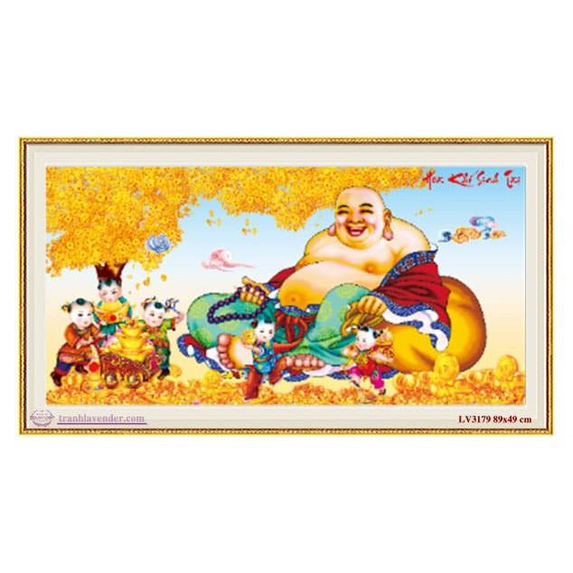 Tranh thêu Phật Di Lặc cây tiền LV3179 - kích thước: 89 * 49cm.