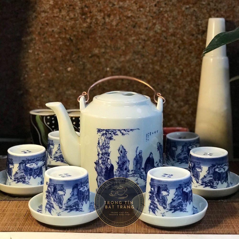 Bộ Ấm Chén Tích Trà Đạo Gốm Trắng Men Lam Bát Tràng Trúc Lâm Thất Hiền Dáng Tích Lan ATA 25