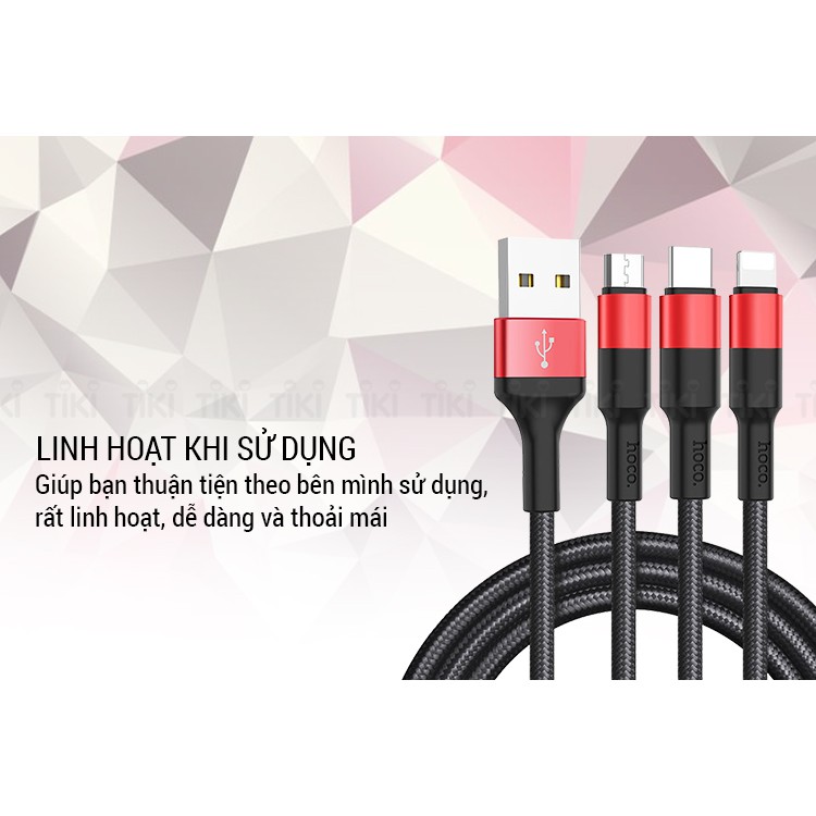 Dây sạc Iphone, Samsung, Oppo, type C, Micro USB Hoco X26, Cáp sạc lightning chính hãng 3 đầu ra sạc được mọi dòng máy - Hàng Nhập Khẩu