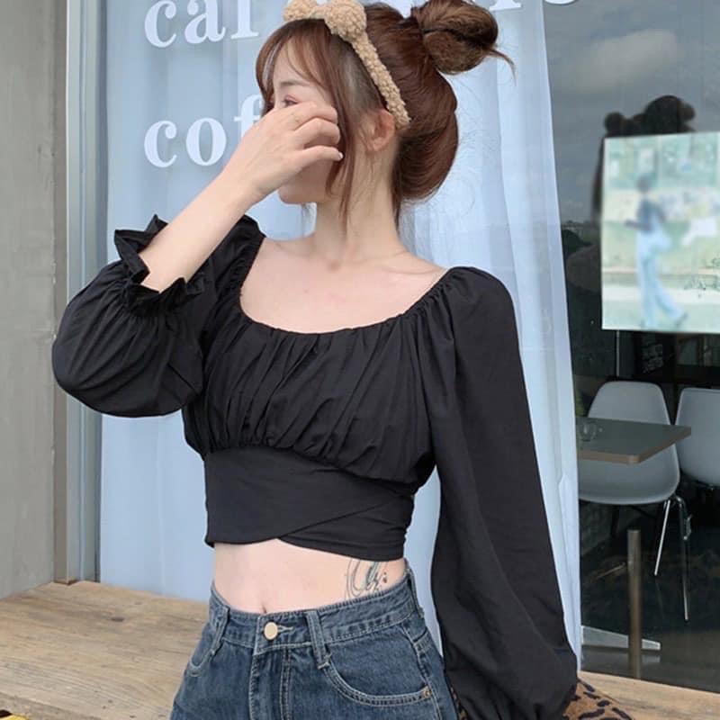 Áo croptop tay dài thắt nơ thanh lịch