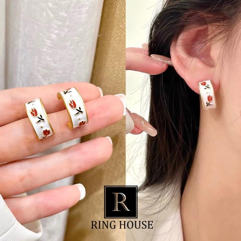 (Chuôi Bạc 925) Khuyên Tai Bông Tai Nữ Nửa Vòng Trắng Cành Hồng Vintage Đẹp Ring House