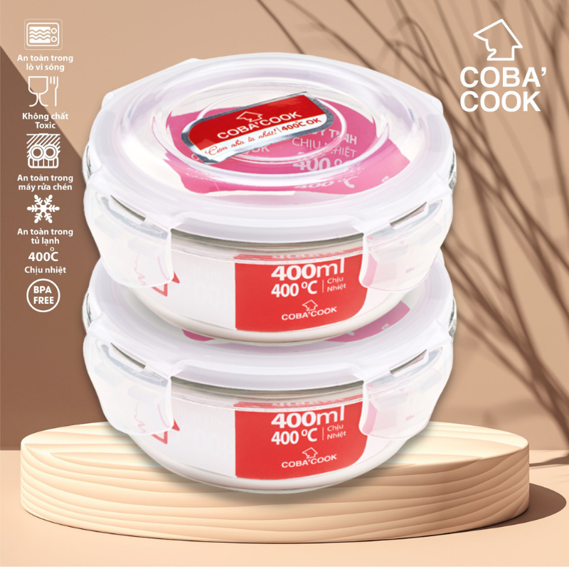 Bộ 2 Hộp Thủy Tinh Đựng Thực Phẩm COBA'COOK chịu nhiệt hình tròn dung tích 400ml- CCR42