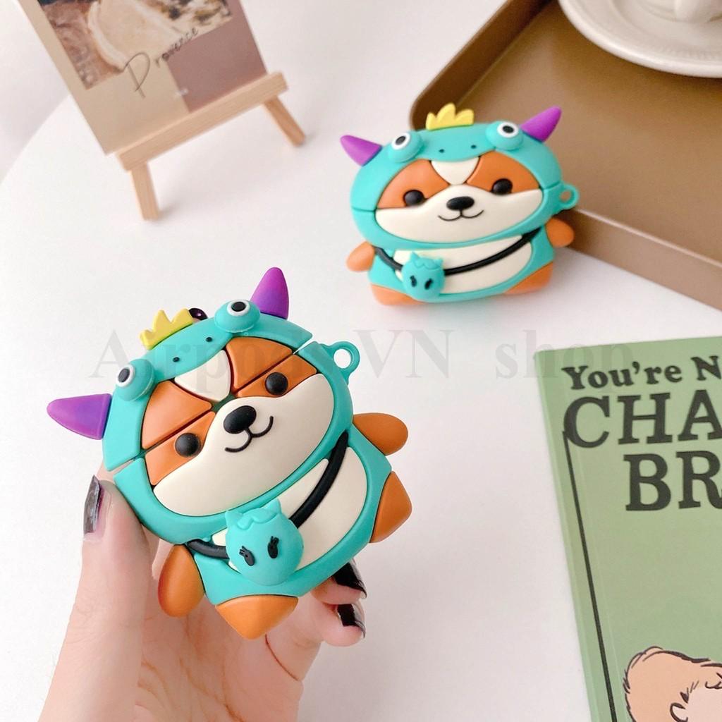 Bao Case Ốp dành cho Airpods 1/2, Airpods Pro shiba mang áo khủng long siêu xinh silicon cao cấp
