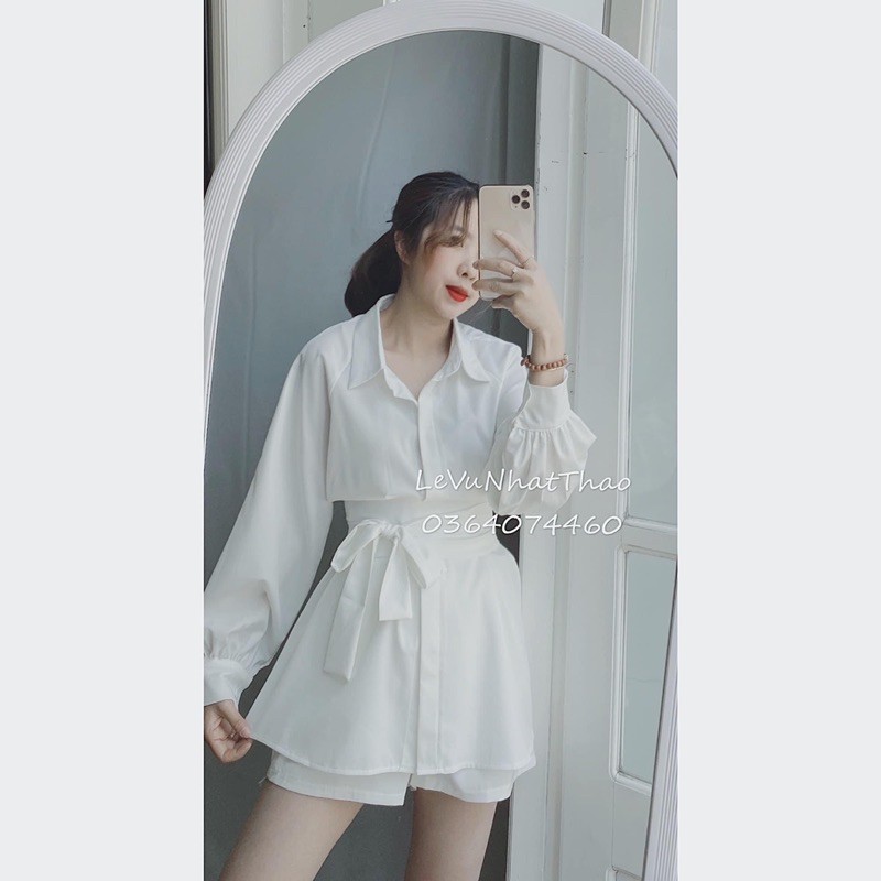 Set đồ nữ sang chảnh, bộ đồ nữ áo sơ mi dài dây eo kèm quần 2 màu basic