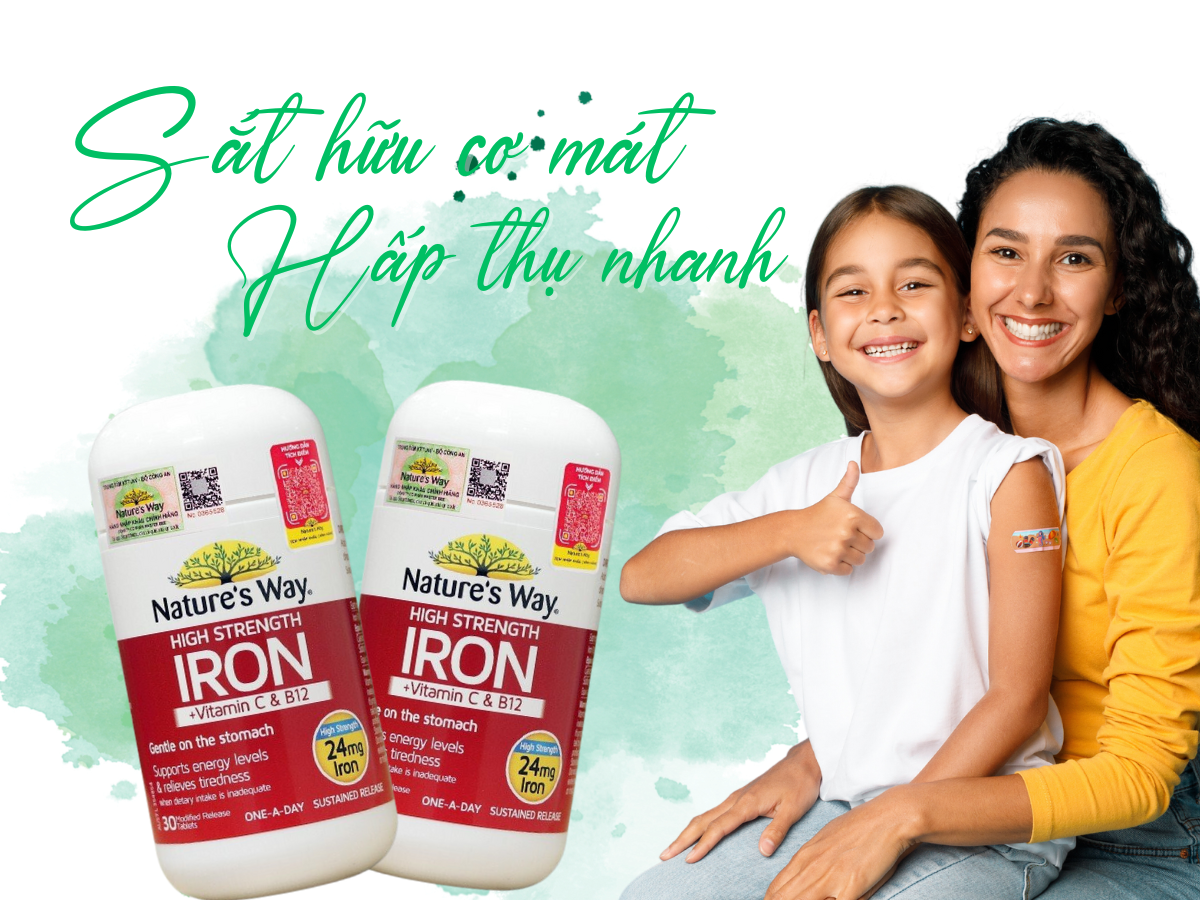 Viên uống Nature’s Way High Strength Iron + Vitamin C&B12 – Bổ sung sắt hữu cơ hàm lượng cao 24mg