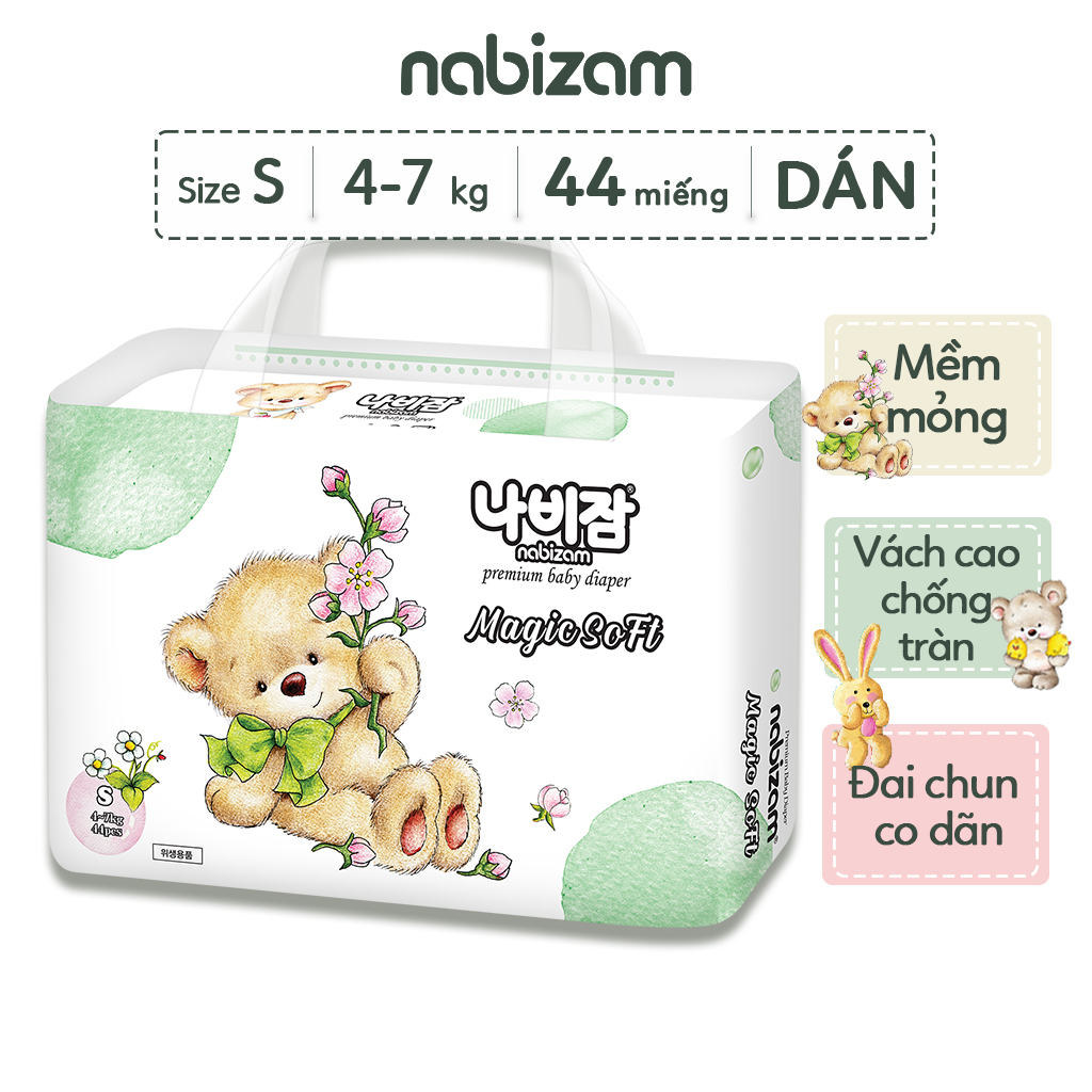 Tã/Bỉm Dán NABIZAM Magic Soft Hàn Êm Ái, Mỏng Nhẹ, Thấm Hút Tối Đa Cho Bé Thoải Mái Vận Động Size S/4-7kg/44 miếng