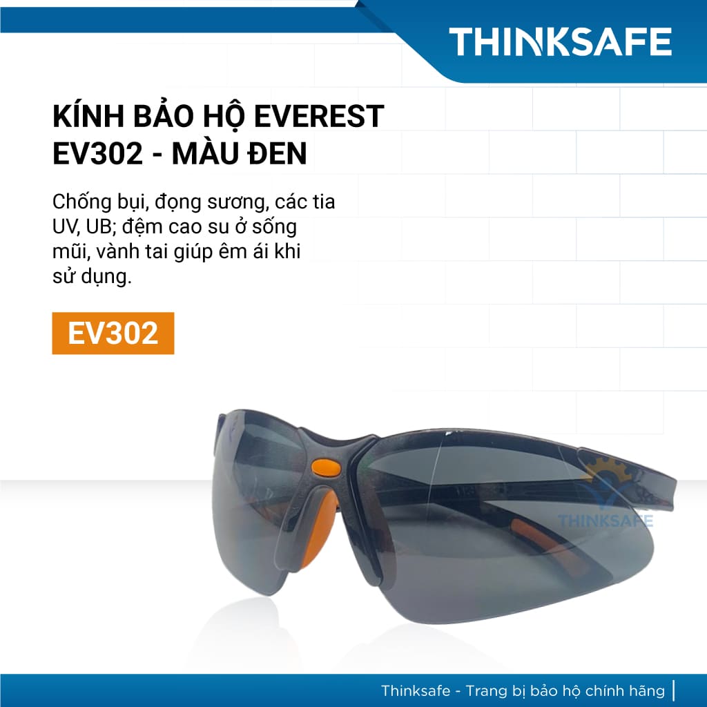 Kính bảo hộ Everest EV302 kính chống bụi, chống trầy xước, chống tia UV-UB, mắt kính chống đọng sương (đen)