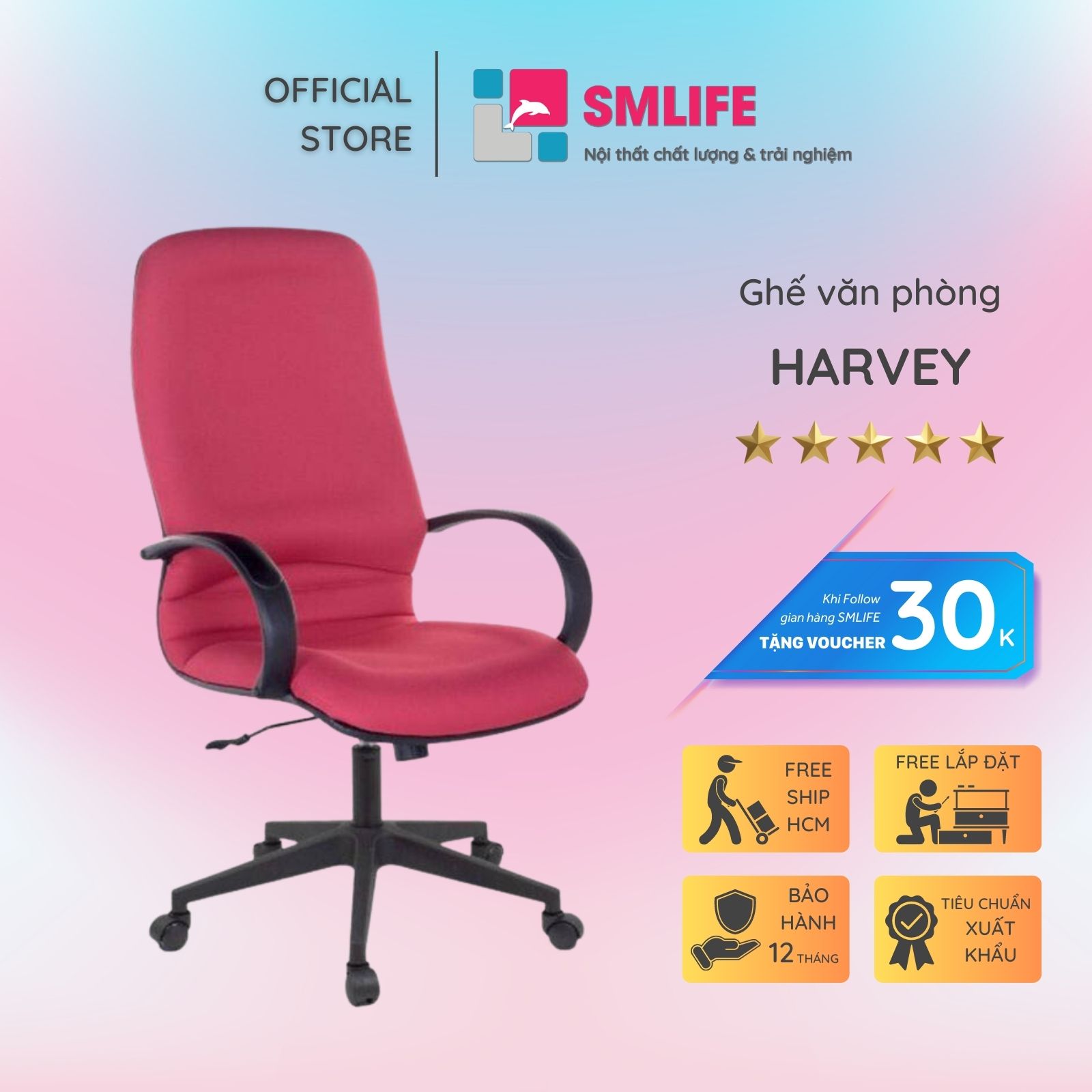 Ghế văn phòng chân xoay lưng cao bọc vải SMLIFE Harvey