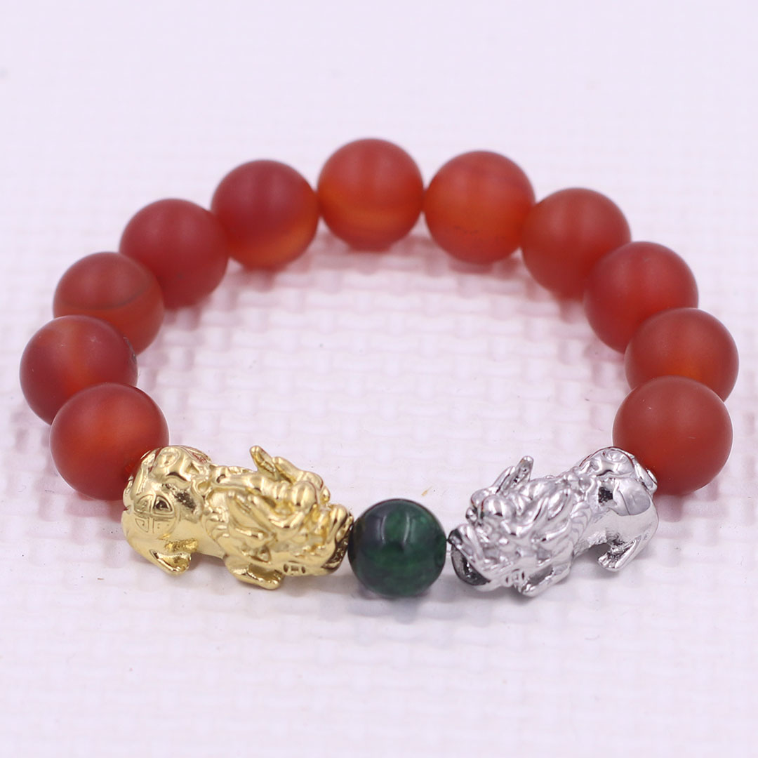 Vòng chuỗi đeo tay mã não đỏ mờ 12 ly charm tỳ hưu đôi inox trắng và vàng, vòng chuỗi phong thủy, charm tỳ hưu, vòng tay hạt chuỗi