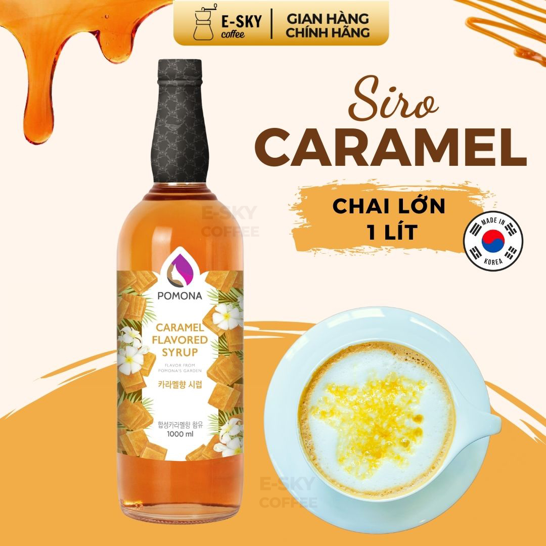 Siro Caramel Pomona Caramel Syrup Nguyên Liệu Pha Chế Hàn Quốc Chai Thủy Tinh 1 lít