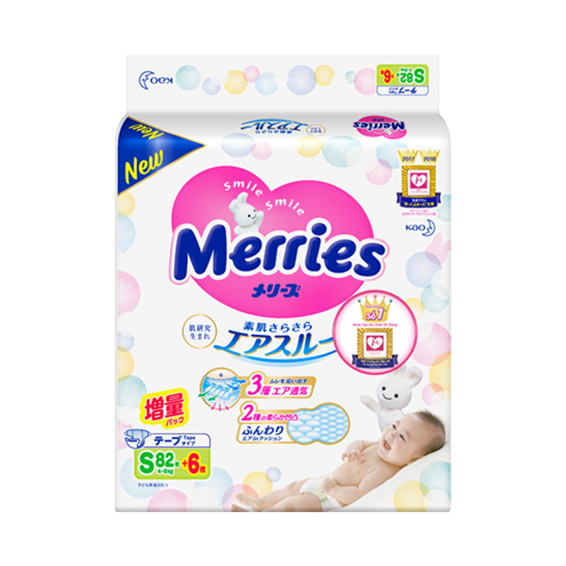 Combo 2 Tã/bỉm dán Merries size S - 82 + 6 miếng (Cho bé 4-8kg)