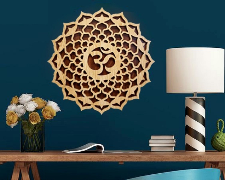 Hình ảnh Tranh Gỗ Mandala Chữ Om TreoTấm gỗ điêu khắc Hoa Mandala chữ Om Omkar treo tường decor trang trí phòng yoga nhà cửa quán cafe homestay