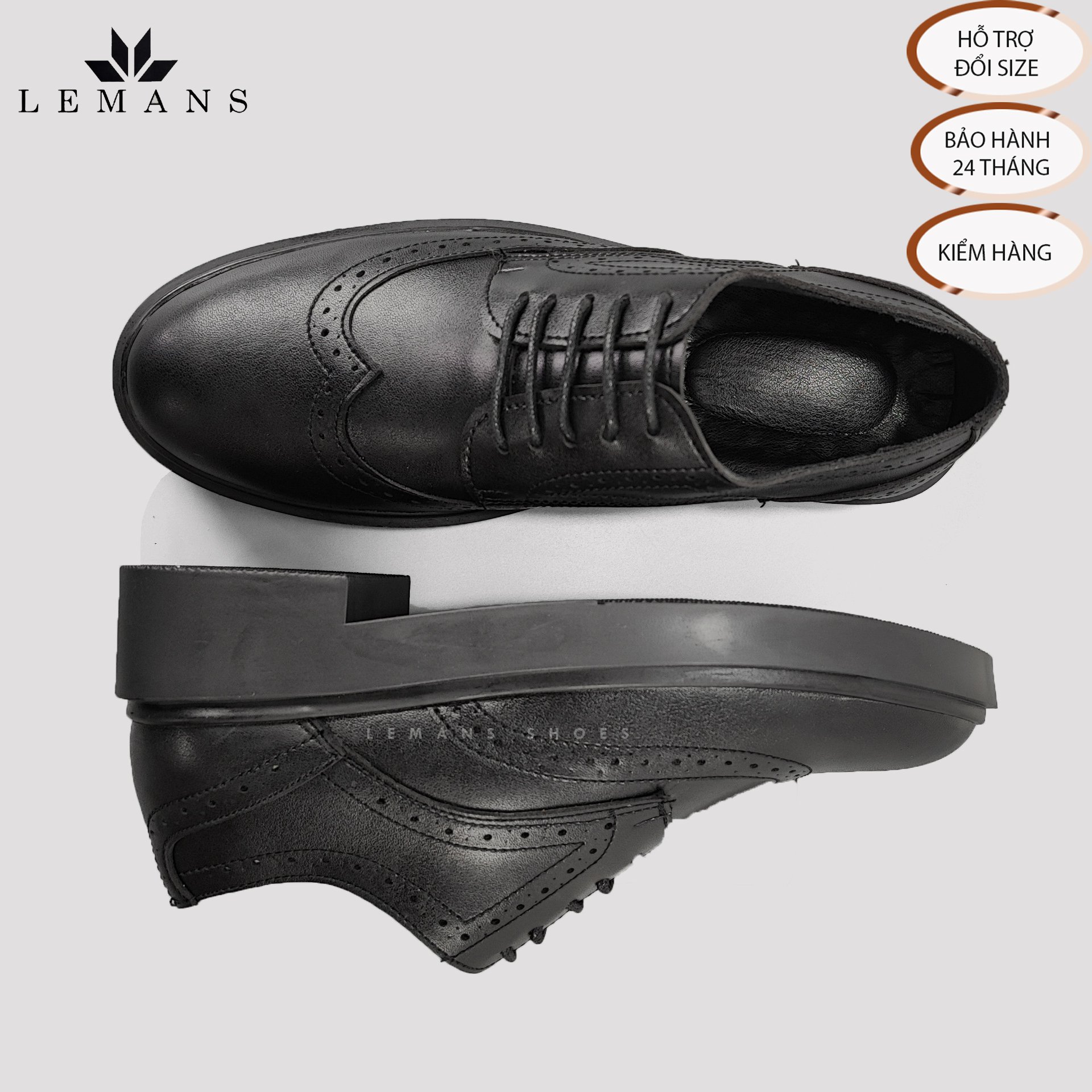 [TẶNG XI] Giày Tây Nam Công Sở Cao Cấp da bò Derby Wingtip LEMANS Black giày derby Bảo Hành 12-24 Tháng