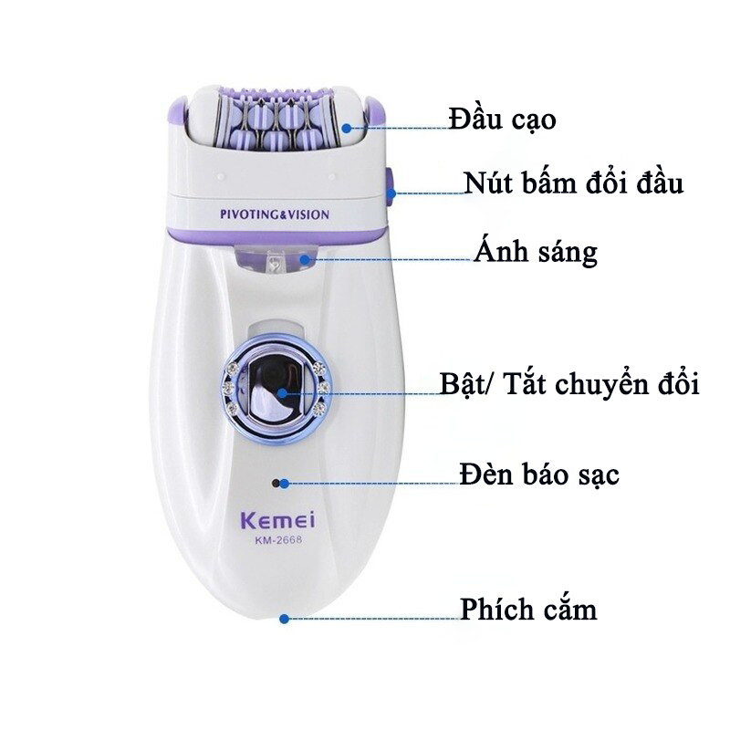 Máy cạo tẩy lông đa năng 2in1 Kemei KM-2668 dùng pin sạc tiện lợi dùng để cạo lông, nhổ lông, wax lông toàn thân ( Giao màu ngẫu nhiên )