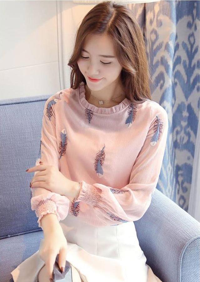 Áo Sơ Mi Nữ Dài Tay Họa Tiết Chiếc Lông A531 - Hồng
