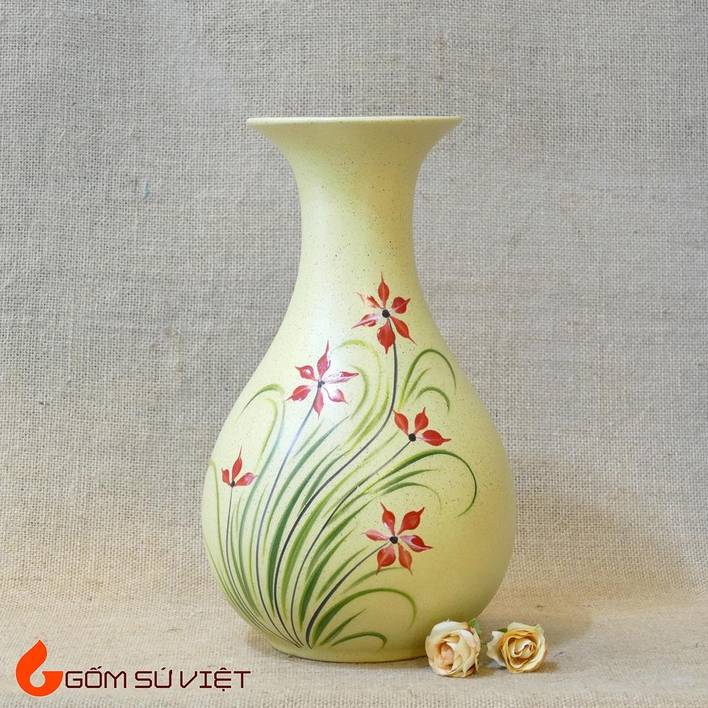 Bình hoa gốm dáng tỳ bà men mát vẽ hoa