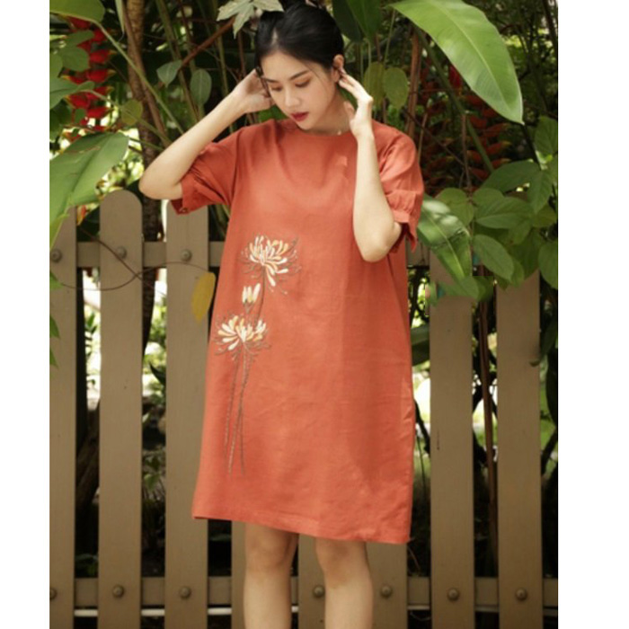 Đầm suông Linen bột Premium form rộng tay bom thêu hoa trẻ trung ArcticHunter